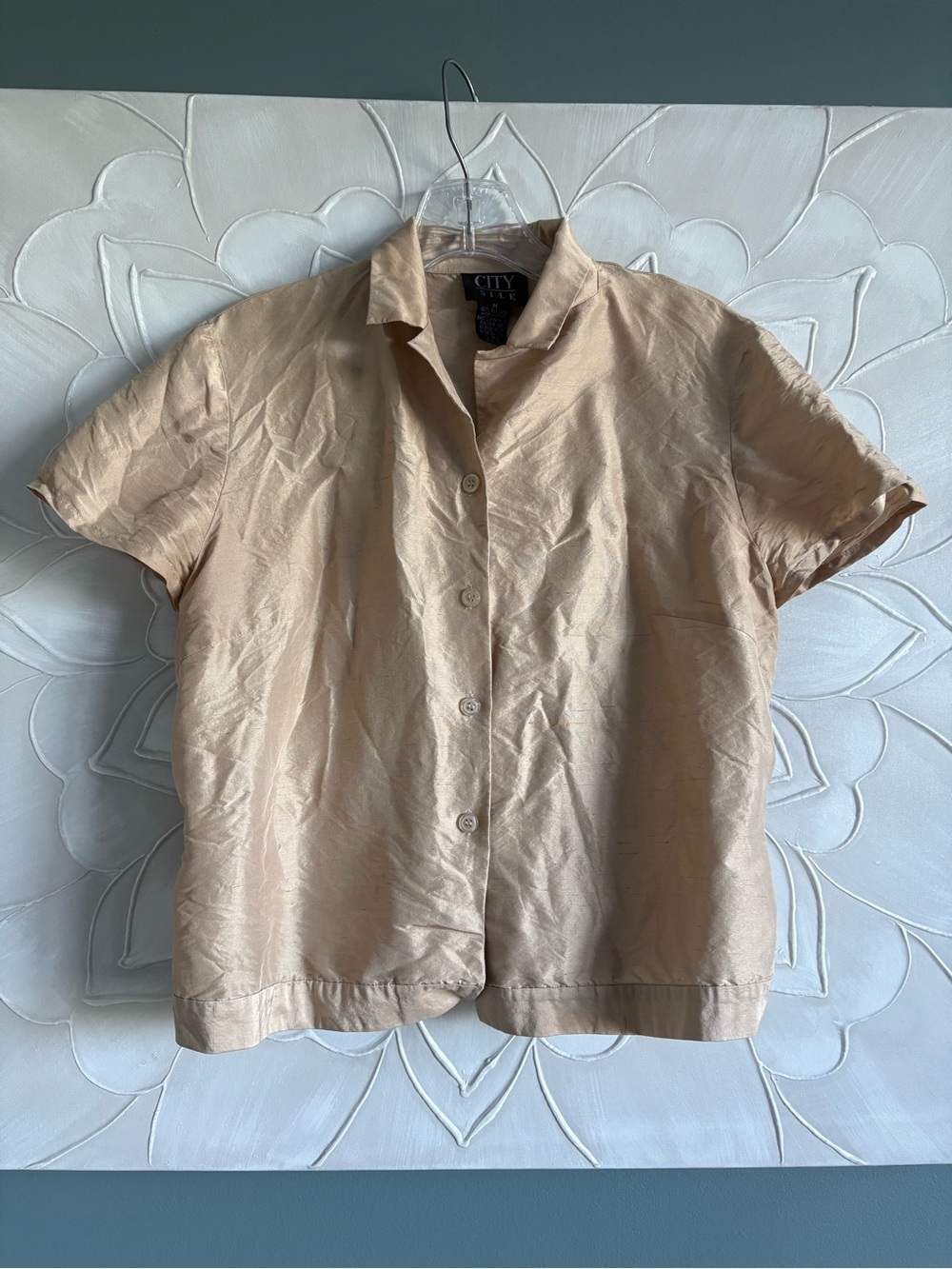 Vintage 100% silk button-front cinched champagne blouse